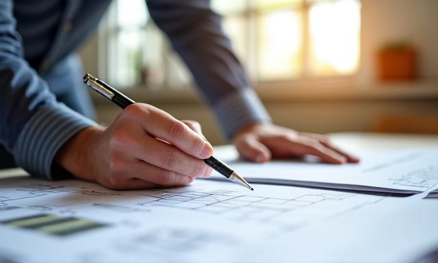 Architect reviewing detailed project specifications at a desk