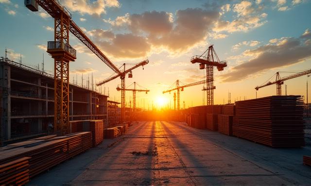 Busy construction site with logistics and material delivery
