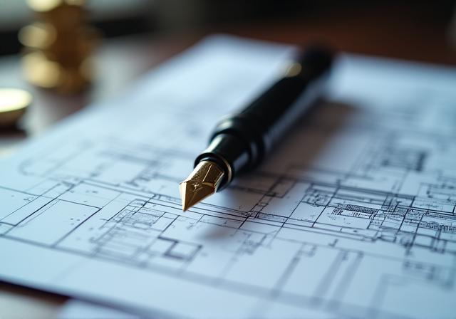 Close-up of a high-end architectural blueprint next to a fountain pen and a legal seal