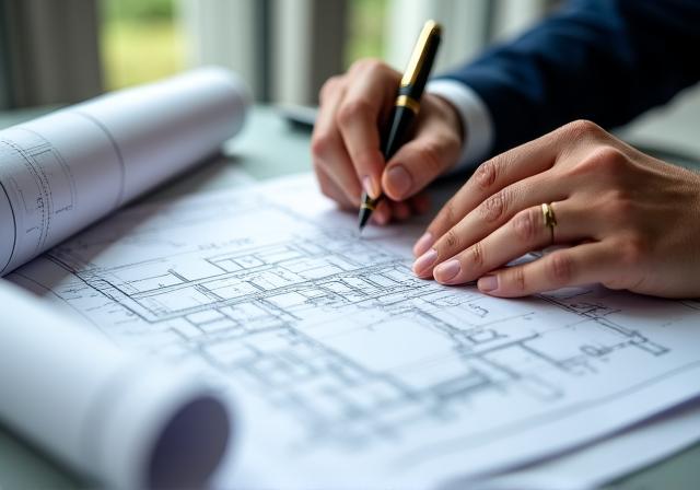 Professional lawyer reviewing architectural blueprints and legal documents
