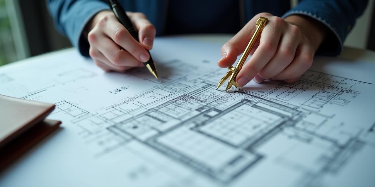 Architect reviewing detailed construction blueprints with precision tools